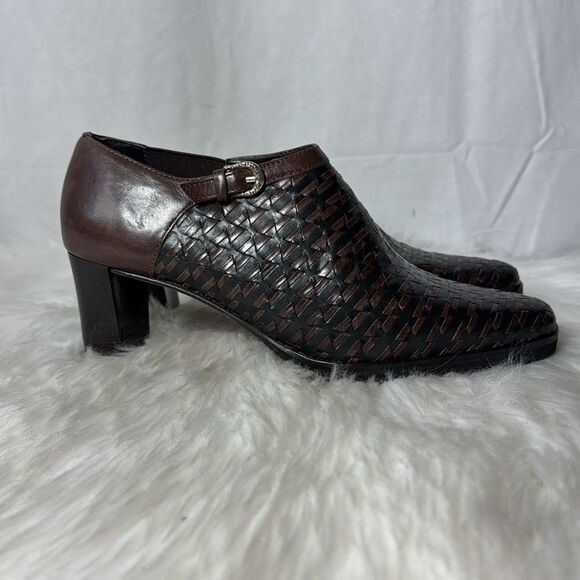 Brighton Turner Women's Heeled Booties Brown/Black Woven Leather  Sz 6.5 - Picture 4 of 6